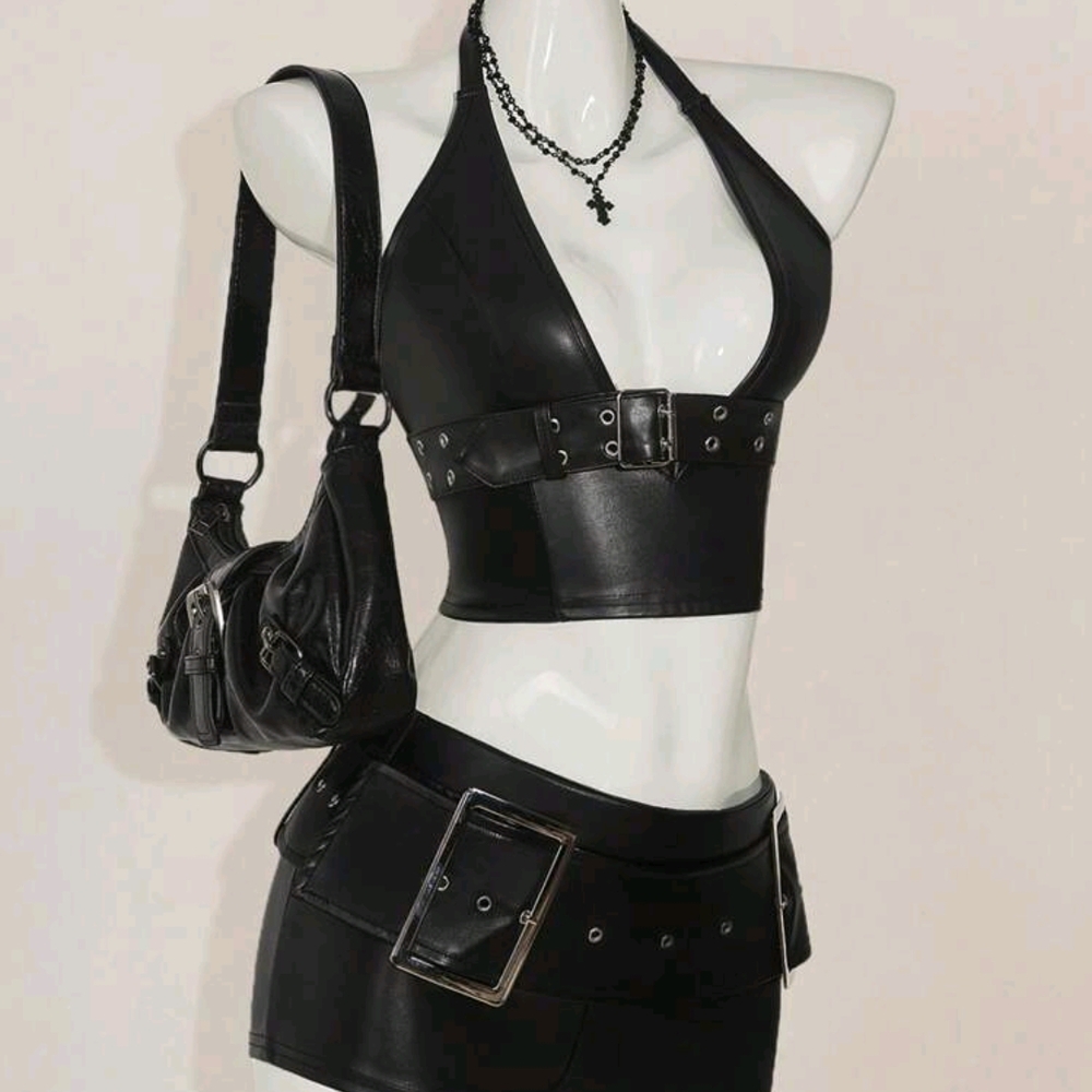 Black Faux Leather Halter Top and Skirt Set with Bag